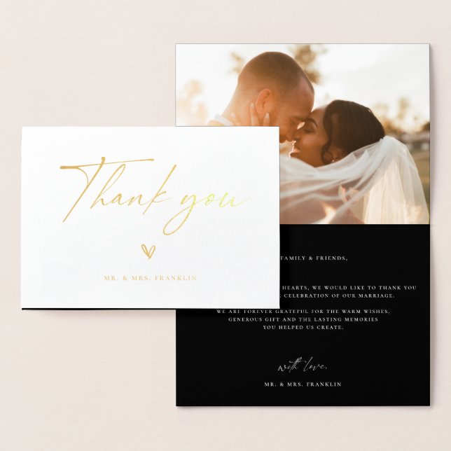 Modern Boho Script Bröllop Photo Tack Folierat Kort (Display)