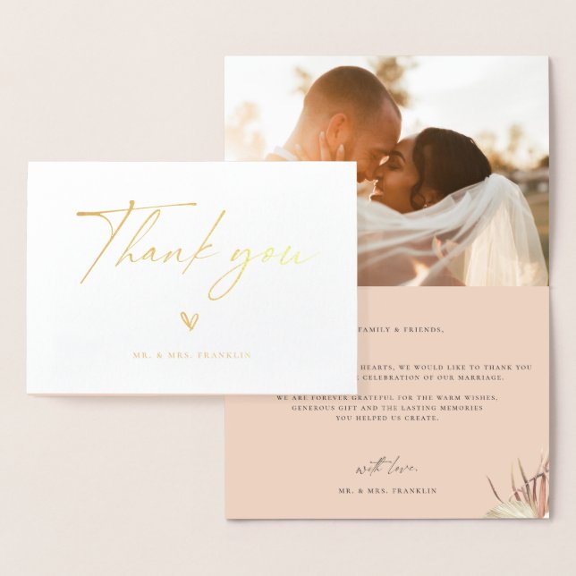 Modern Boho Script Bröllop Photo Tack Folierat Kort (Display)