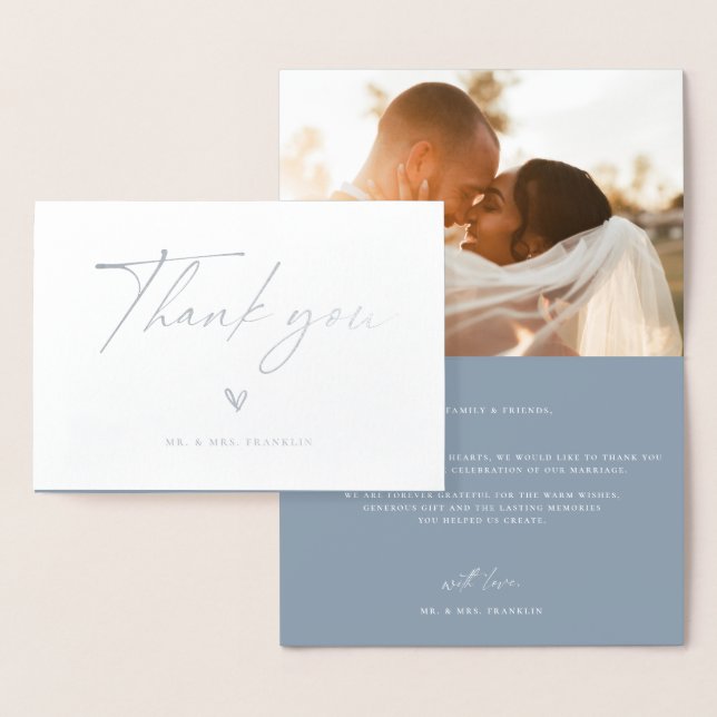 Modern Boho Script Bröllop Photo Tack Folierat Kort (Display)