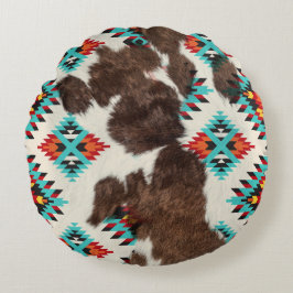 Modern Boho Southwest Cowhide Aztec Mönster Rund Kudde