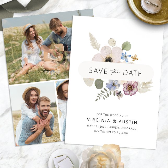Modern Boho Spara Datum Datumet (Modern Floral Boho Save The Date back Photos by Painted Paperie
)