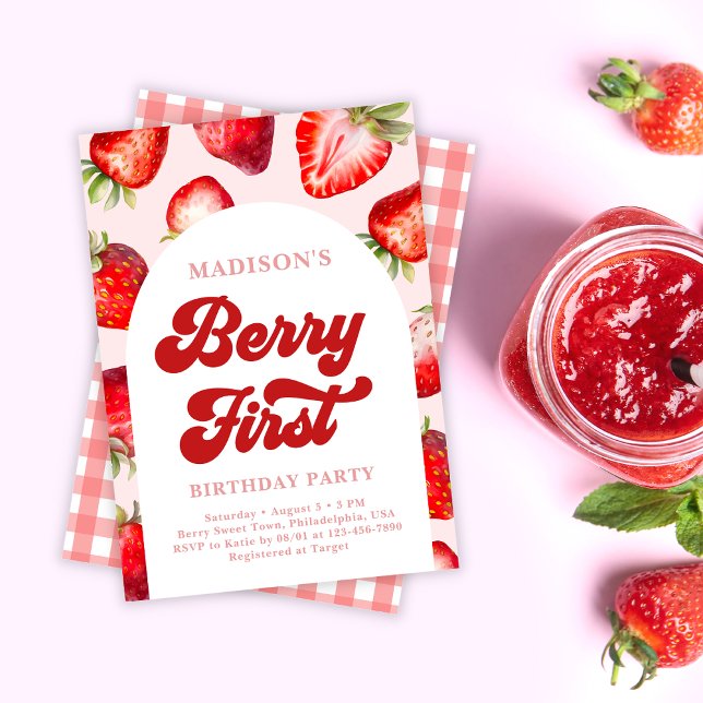 Modern Boho Strawberry Berry - första födelsedag Inbjudningar (Skapare uppladdad)