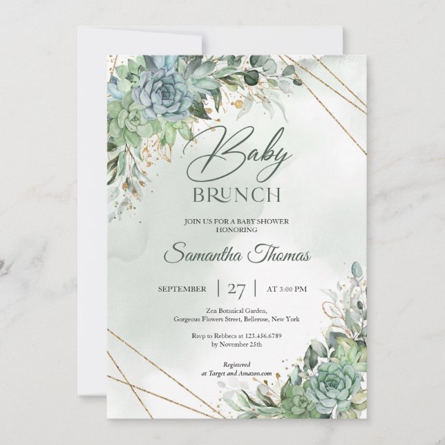 Modern boho succulents eucalyptus guld baby brunch inbjudningar (Framsida)
