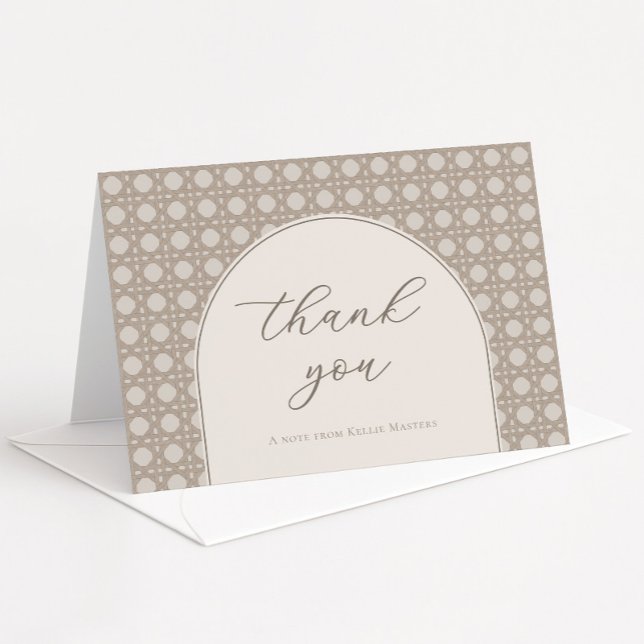 Modern Boho Tan Rattan Käpp Möhippa Tack Kort (Neutral tones cane weave rattan thank you card with modern arch)
