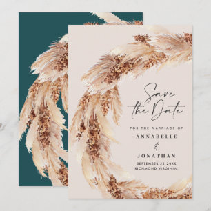 Modern boho teal pampas bröllop bekräfta datum inbjudningar
