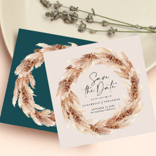 Modern boho teal pampas-gräs spara datumet inbjudningar