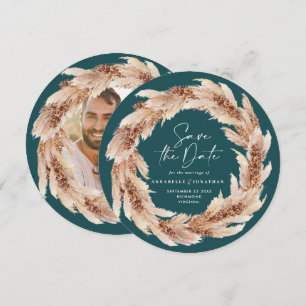 Modern boho teal pampas-gräsfoto spara datumet inbjudningar