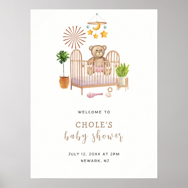 Modern Boho Teddybjörn Nurseries Babyshower Välkom Poster (Framsidan)
