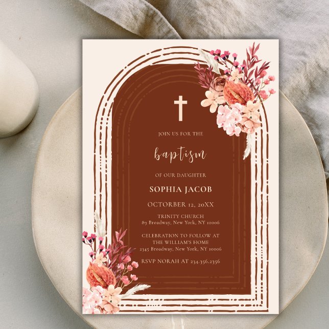 Modern Boho Terracotta Blommigt Arch Kor Baptism Inbjudningar (Modern Boho Terracotta Floral Arch Cross Baptism Invitation)