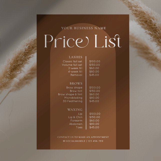Modern Boho Terracotta Hair Nagel Salon Pris List Poster (Modern boho business price list poster with terracotta arch background and trendy fonts)
