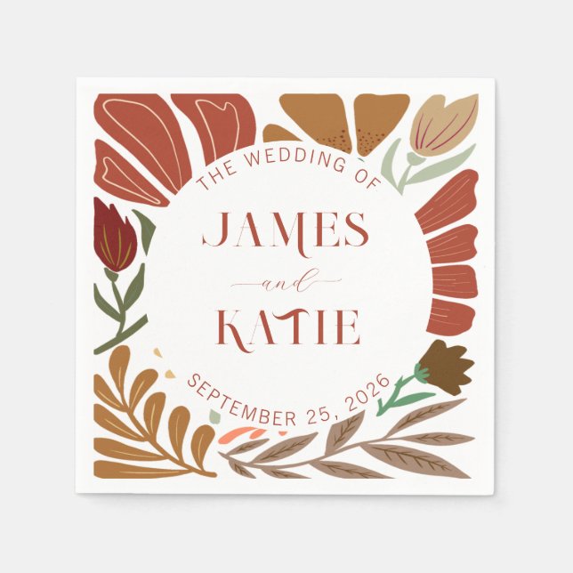 Modern Boho Terracotta Retro Blommigt Bröllop Pappersservett (Framsidan)