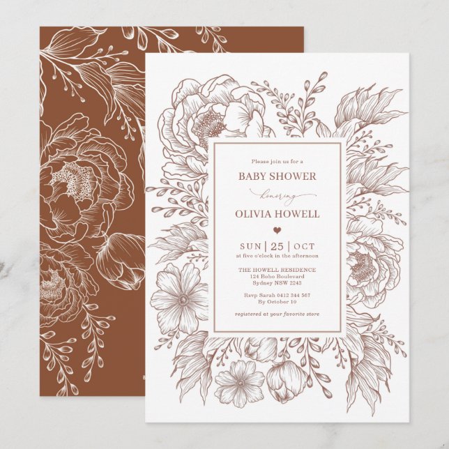 Modern Boho Terracotta White Flower Baby Shower Inbjudningar (Fram/baksida)