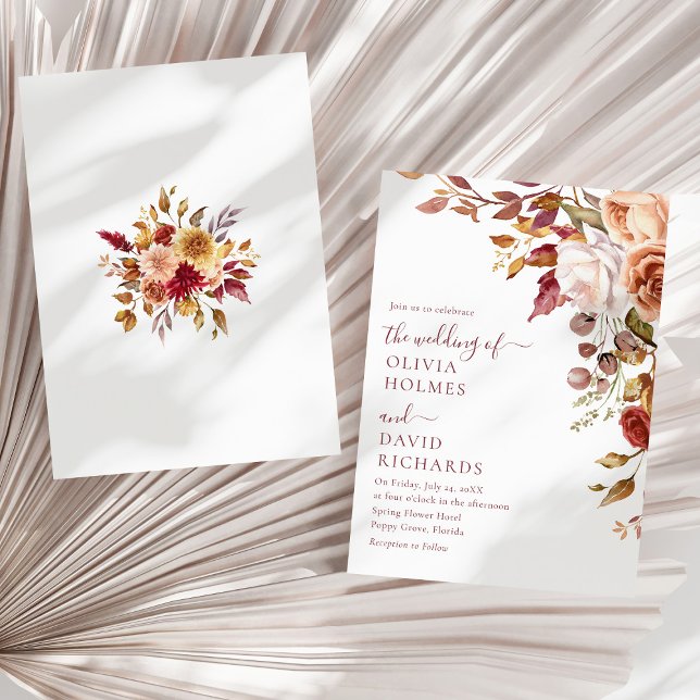 Modern Boho Terrakotta Bränt Orange Blommig Bröllo Inbjudningar (Modern Boho Terracotta Burnt Orange Floral Wedding Invitation on a sunny neutral dry palm leaf.)