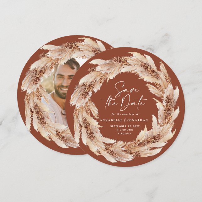 Modern boho terrakotta pampas gräs bröllopsfoto inbjudningar (Fram/baksida)