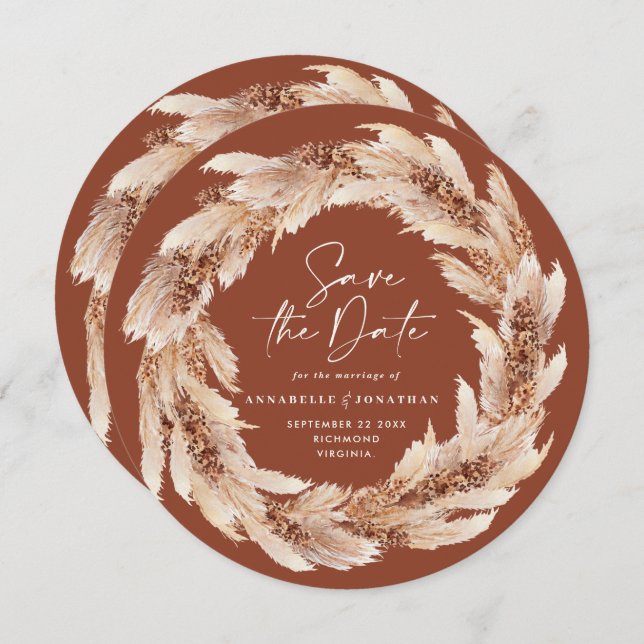 Modern boho terrakotta pampasgräs bröllopsfoto inbjudningar (Fram/baksida)