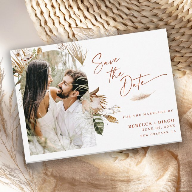Modern Boho välvd foto bröllop Save The Date Meddelande Vykort (Skapare uppladdad)
