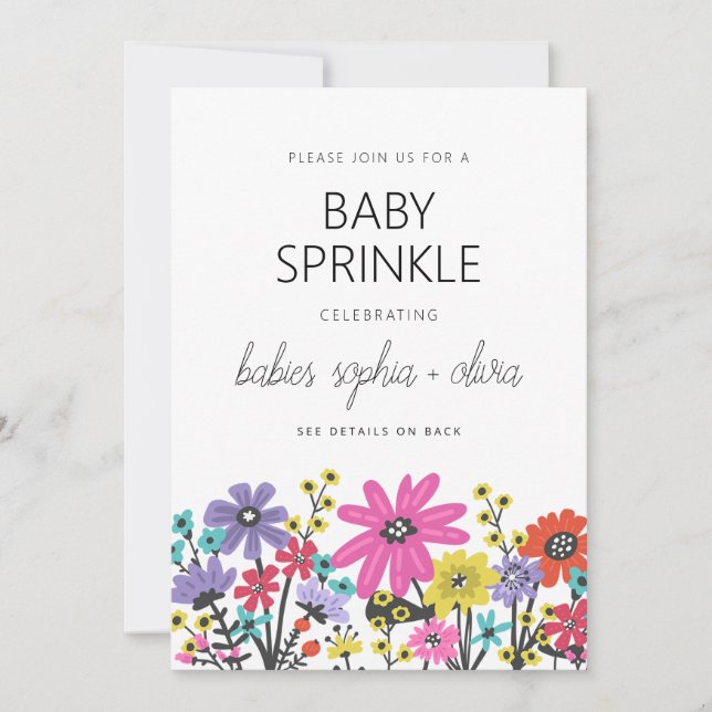 Modern Boho Vilda Blommor Tvilling Baby Smullekako Inbjudningar (Framsida)