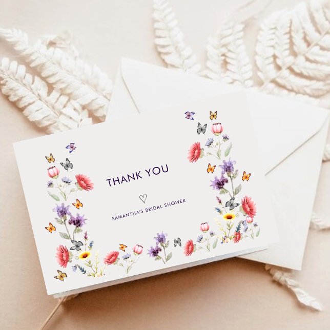 Modern Boho Vildblomma Bröllopsdusch Tack Kort (Modern boho wildflower bridal shower folded thank you card with watercolor florals.)