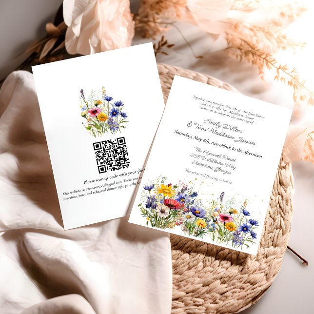 Modern Boho Vildblomma QR-kod Bröllop Inbjudningar (Skapare uppladdad)