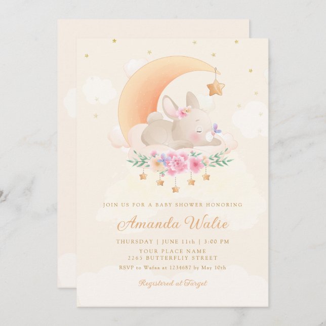 Modern Boho Watercolor Cute Bunny Girl Baby Shower Inbjudningar (Fram/baksida)