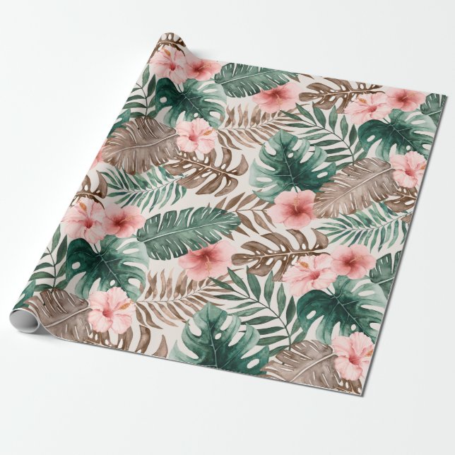 Modern Boho Watercolor Tropical Blommigt Presentpapper (Utrullad)