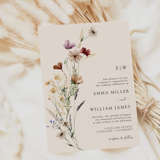 Modern Boho WildblommBröllop Inbjudningar (Elegant Boho Wildflowers Wedding Invitations by Painted Paperie
)