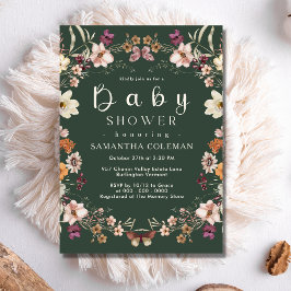 Modern Boho Wildblommes Mörk grönt babystövel Inbjudningar
