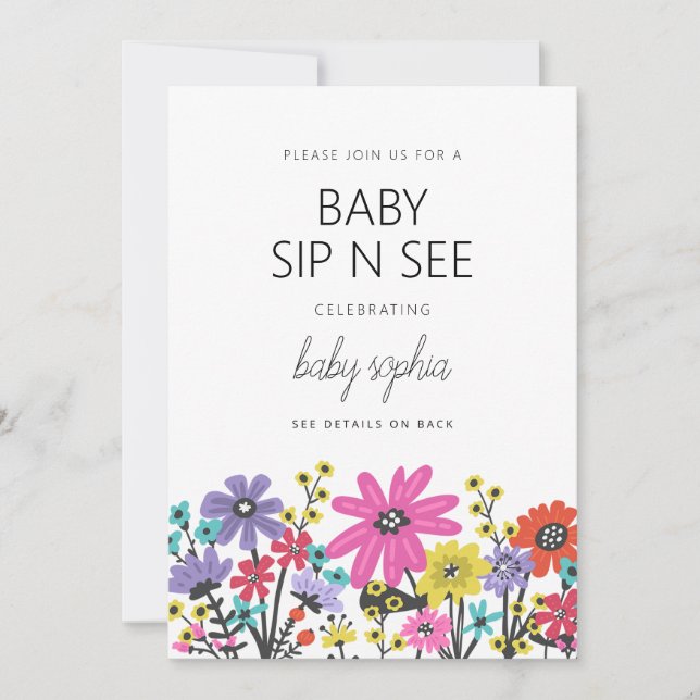 Modern Boho Wildblommor Baby Sip och se Inbjudningar (Framsida)