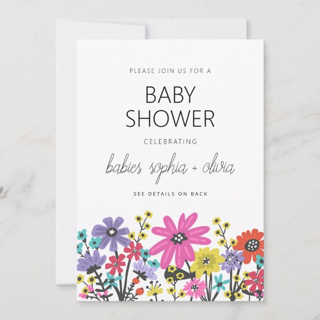 Modern Boho Wildblommor Twin Baby Shower Inbjudningar (Framsida)