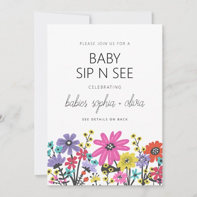 Modern Boho Wildblommor twin Baby Sip och se Inbjudningar (Framsida)