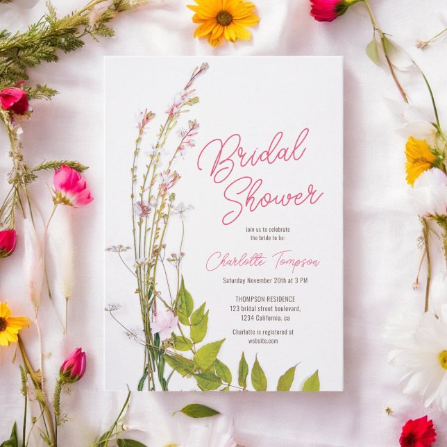 Modern boho wildblommscript möhippa foto inbjudningar (Modern boho wildflowers script photo bridal shower invitation)