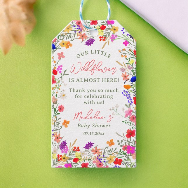 Modern boho Wildbloms babyboja tack Presentetikett (Modern boho wildflowers baby shower thank you gift tags)