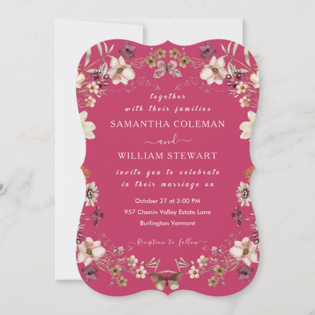 Modern Boho Wildbloms Elegant Shock rosa Bröllop Inbjudningar (Framsida)