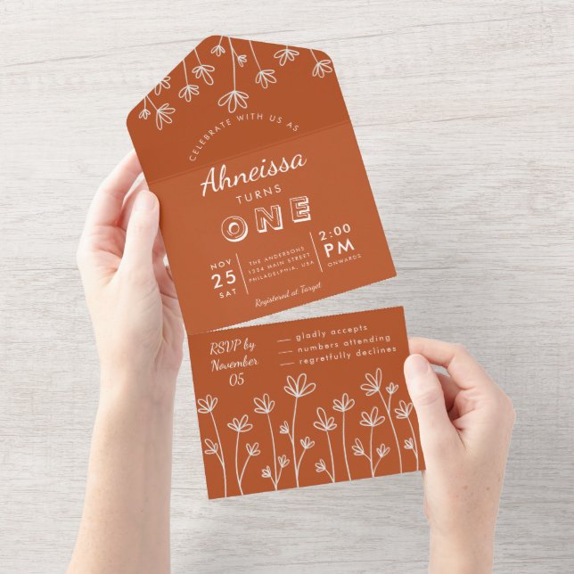 Modern Boho WildblomTerracotta Första födeldagen (Avrivbar del)