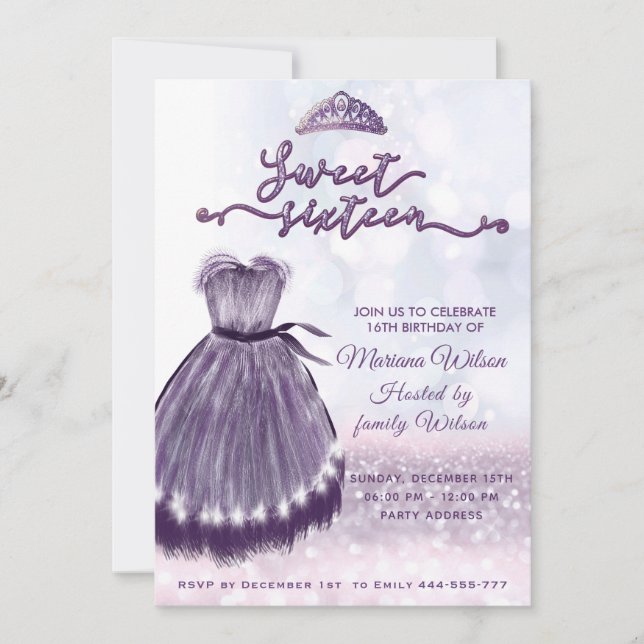 Modern bokeh lila dress tiara söt 16 inbjudningar (Framsida)