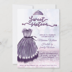 Modern bokeh lila dress tiara söt 16 inbjudningar