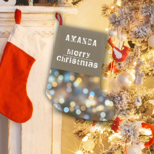 Modern Bokeh Ljus och Typsnitt Liten Julstrumpa