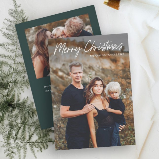 Modern bokstavsstil God Jul 2 Foto  Julkort (Simple Hand Lettered 2 Photo Christmas Holiday Card.)