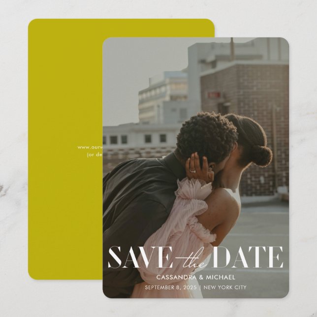 Modern Bold Chartreuse Photo Wedding Save Date Inbjudningar (Fram/baksida)