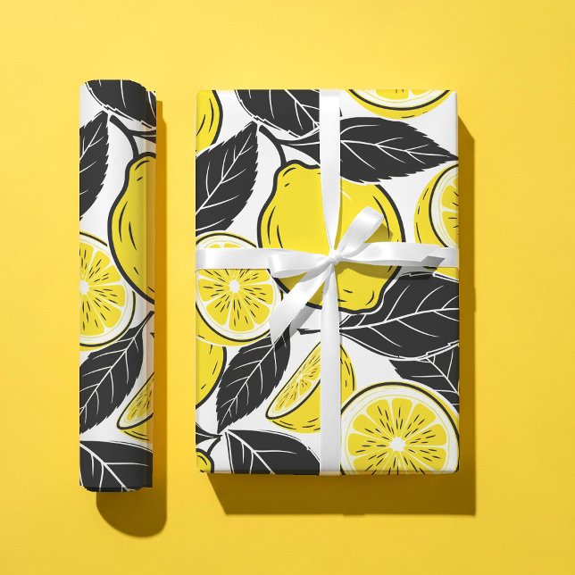 Modern Bold Lemon & Black Leaves  Seamless Pattern Presentpapper (Skapare uppladdad)