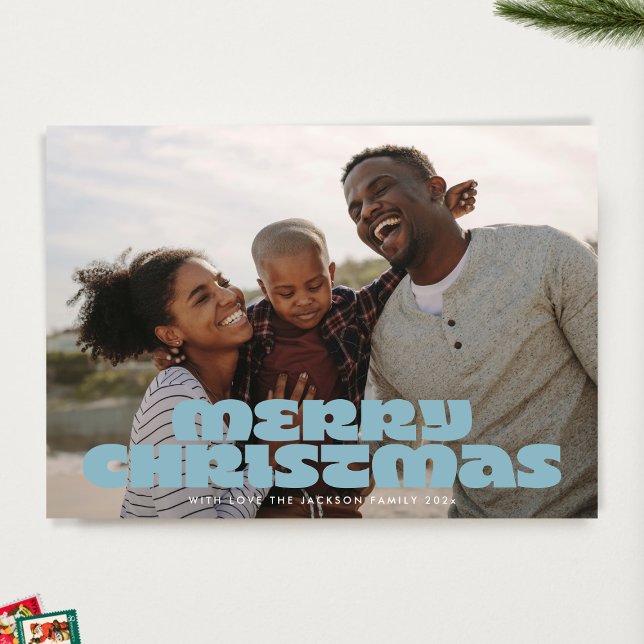 MODERN BOLD Merry Script Retro Photo Blues Julkort (Skapare uppladdad)