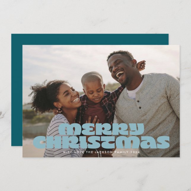 MODERN BOLD Merry Script Retro Photo Blues Julkort (Fram/baksida)