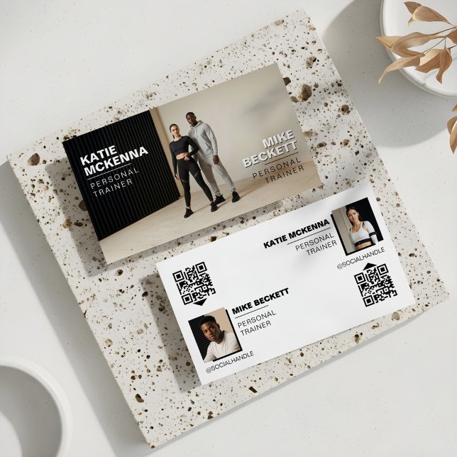 Modern Bold Personal Fitness Trainer Coach Photos Visitkort (Modern Partners Photo Fitness Trainer QR Code Business Card)