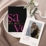 Modern Bold Photo Magenta Melon Black Spara Datumet<br><div class="desc">These 5" x 7" save the date cards feature a minimalist design in vibrant melon and magenta letters on a black background with placeholders on the back for the engaged couple names,  wedding date,  and venue information and your favorite photo!</div>