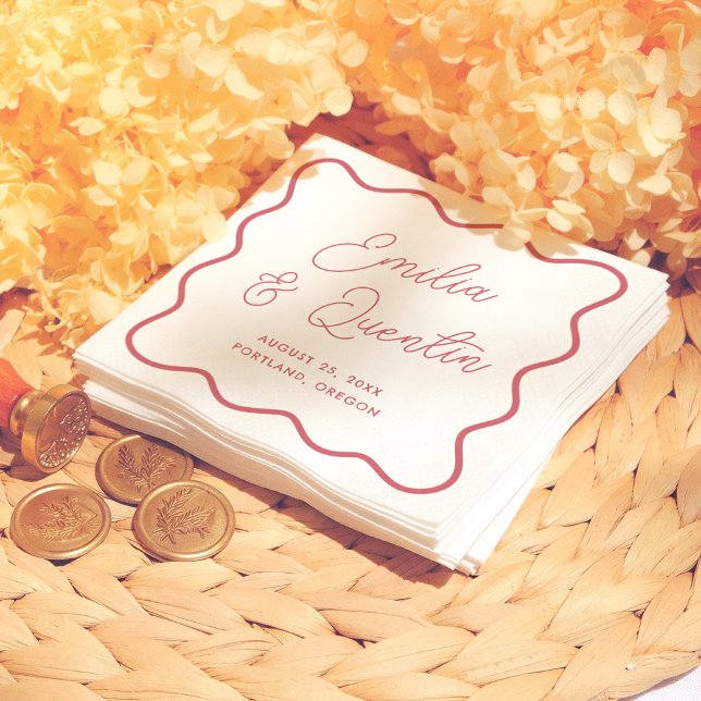 Modern Bold Red Wavy Frame Retro Wedding Pappersservett (Skapare uppladdad)