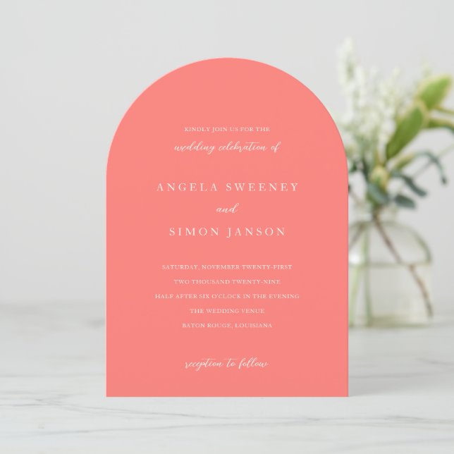 Modern Bold Vibrant Coral Simple Wedding Inbjudningar (Stående Fram)