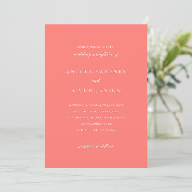 Modern Bold Vibrant Coral Simple Wedding Inbjudningar (Stående Fram)