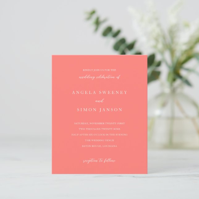 Modern Bold Vibrant Coral Wedding Invitation (Stående Fram)