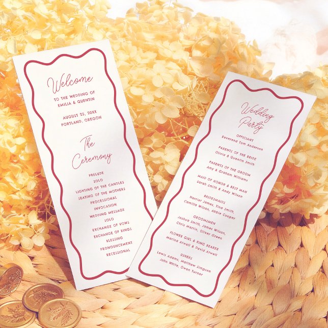 Modern Bold Wavy Frame Retro Red Wedding Program (Skapare uppladdad)