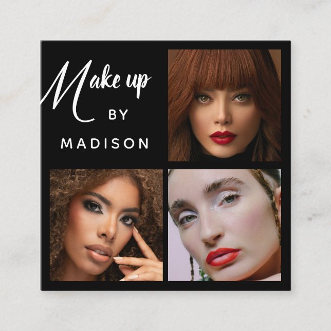 Modern Bold White Script 3 Photo Makeup Fyrkantigt Visitkort (Framsida)